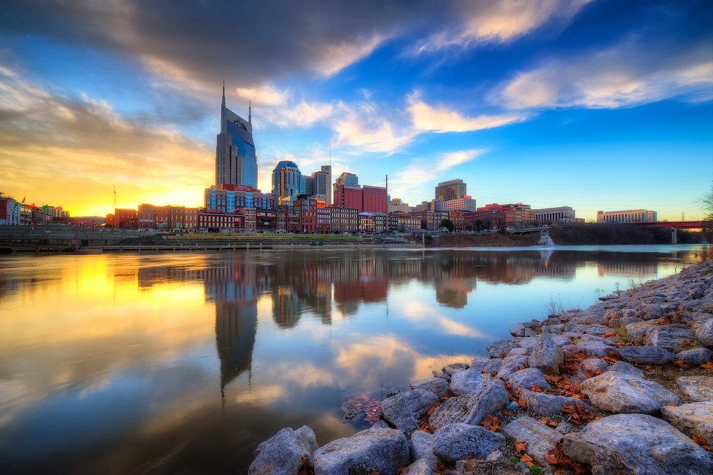 Nashville skyline reflected in the Cumberland River at sunset